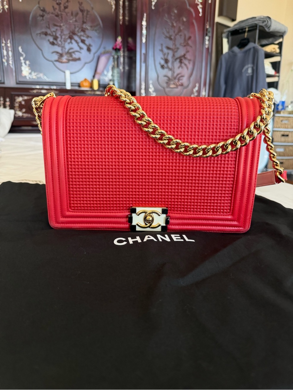 CHANEL Red Quilted Chain Strap Shoulder Bag with Gold Hardware